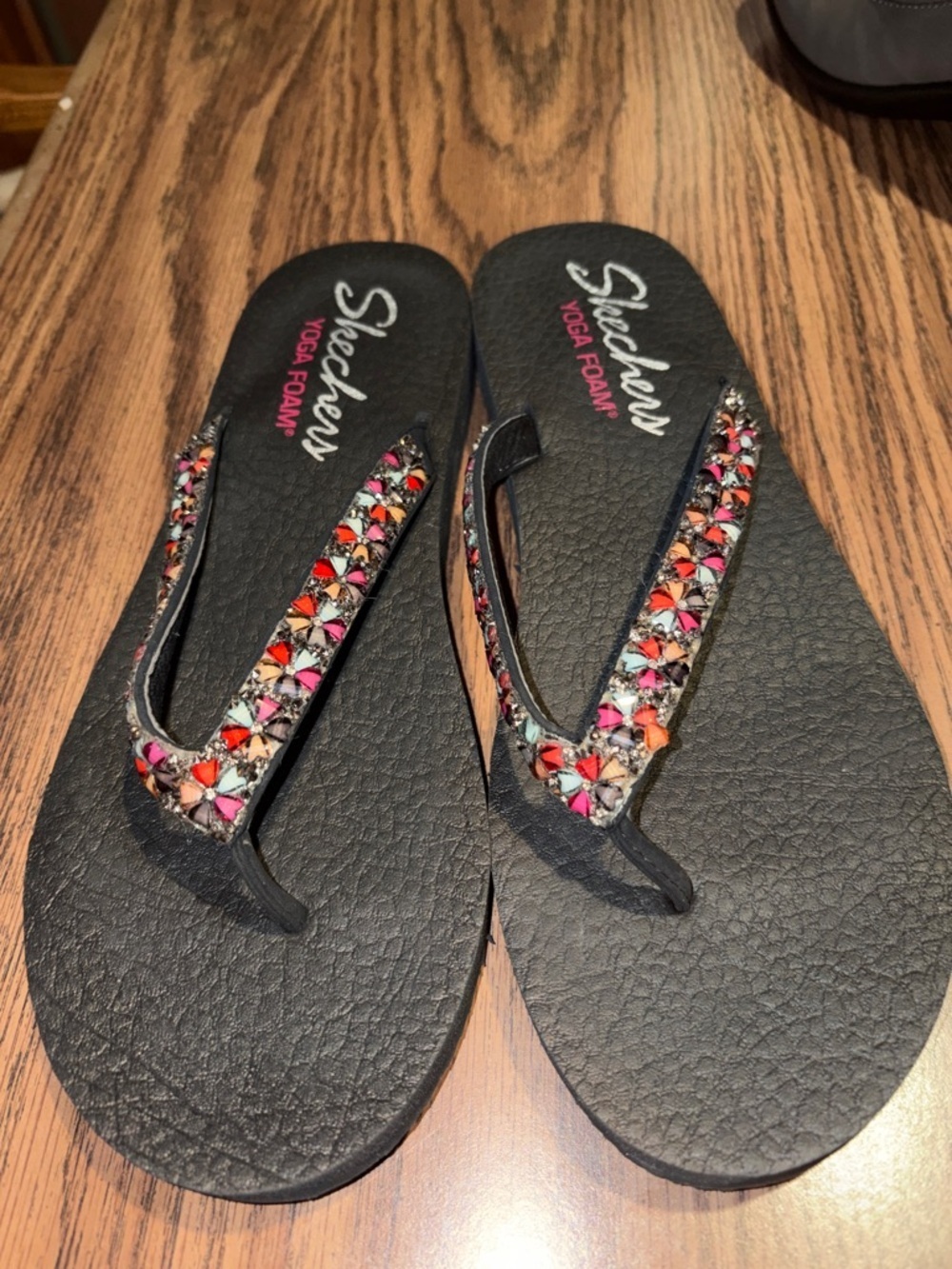 Skechers Black Sandals Bejeweled with Pink Blue Green Details